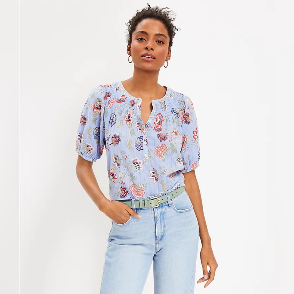 LOFT Floral Smocked Button Top, Sz. MEDIUM